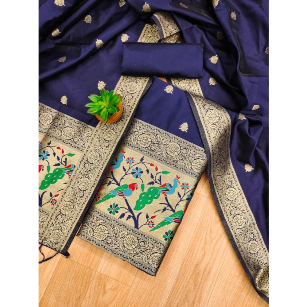 Women's Banarasi Silk Printed Unstitched Salwar Suit Material With Dupatta (Navy Blue, 3Mtrs) - Image 2
