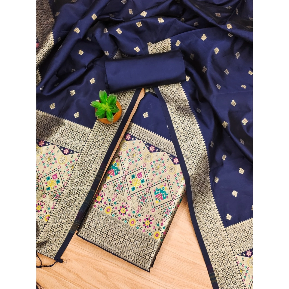 Women's Banarasi Silk Printed Unstitched Salwar Suit Material With Dupatta (Navy Blue, 3Mtrs) - Image 2