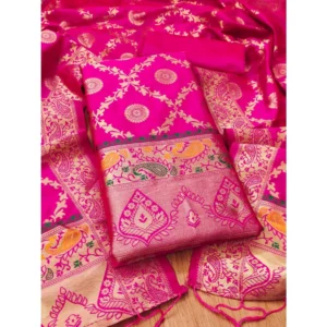 Women's Banarasi Silk Printed Unstitched Salwar Suit Material With Dupatta (Pink, 3Mtrs)