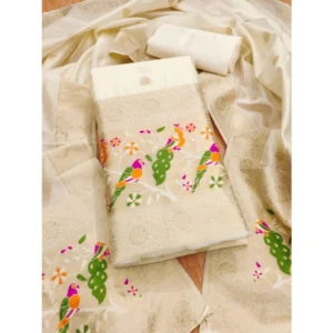 Women's Banarasi Silk Printed Unstitched Salwar Suit Material With Dupatta (White, 3Mtrs)