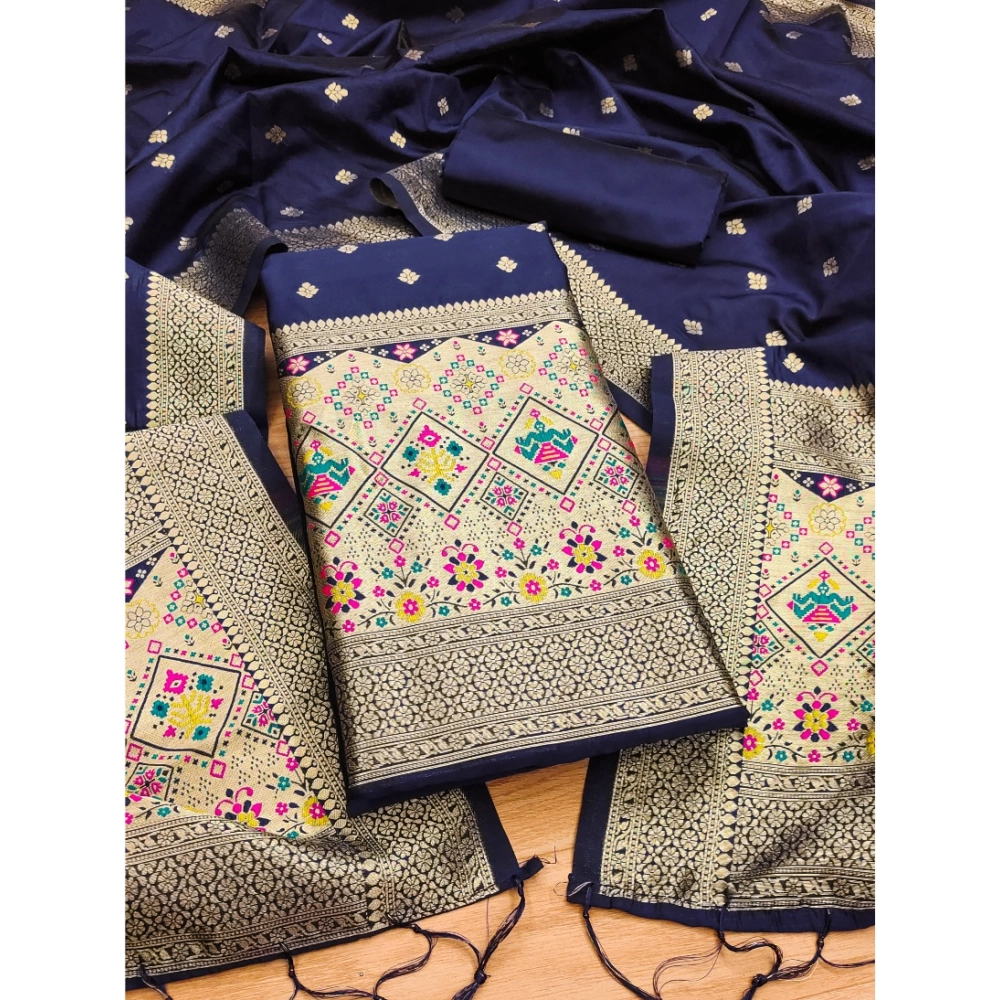 Women's Banarasi Silk Printed Unstitched Salwar Suit Material With Dupatta (Navy Blue, 3Mtrs)
