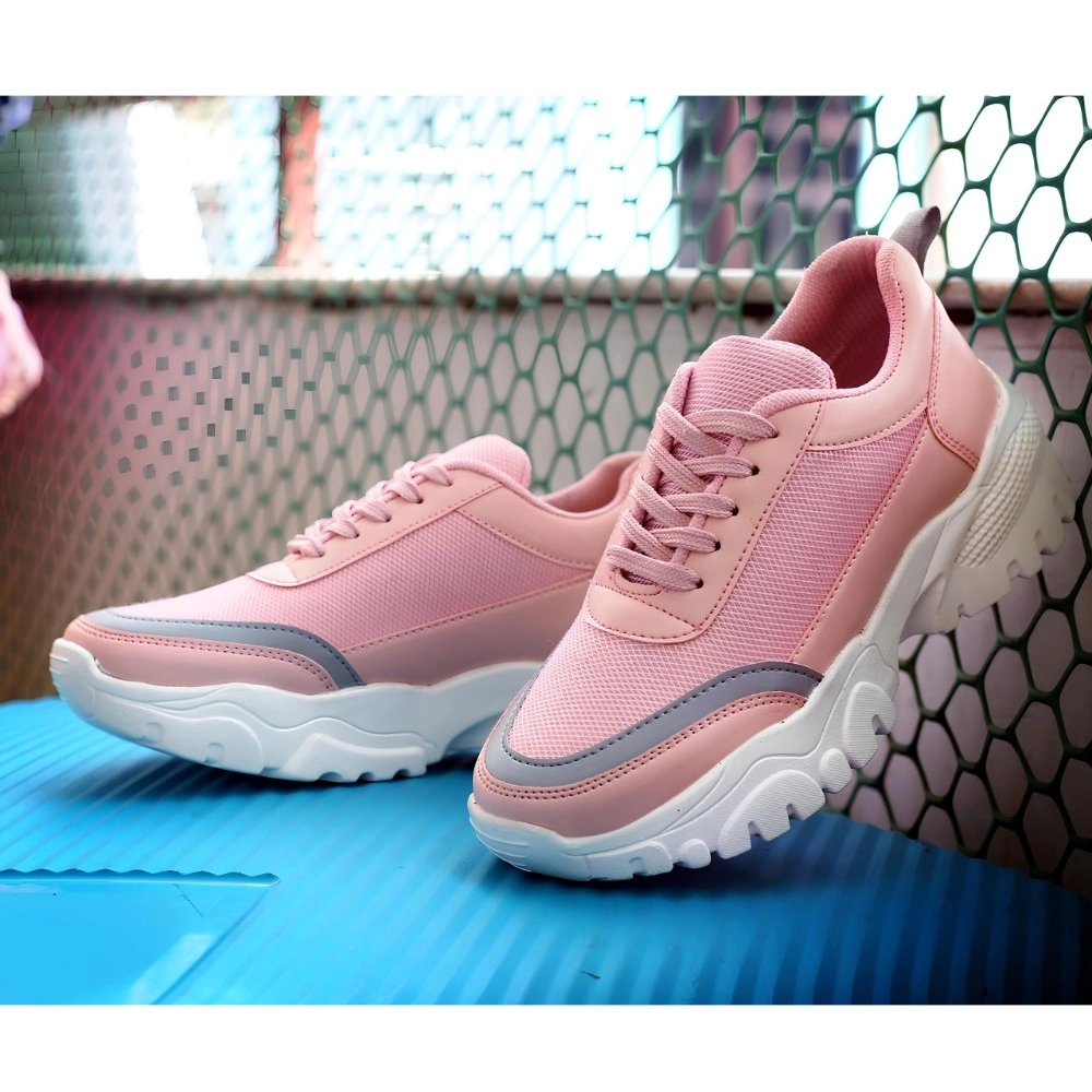 Women's Casual Mesh Printed Lace-Ups Shoes (Pink) - Image 3
