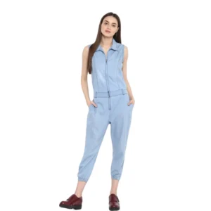 Women's Denim Solid Sleeveless Jumpsuit (Blue)