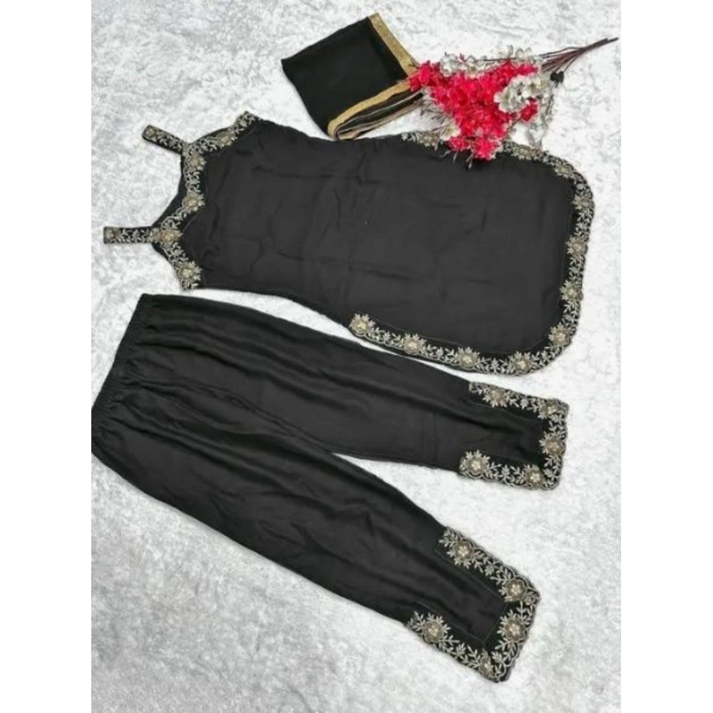 Women's Georgette Embroidery Sleeveless Round Neck Kurti, Palazzo And Dupatta Set (Black) - Image 2