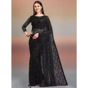 Women's Net Self Design Saree With Unstitched Blouse 5.5Mtr (Black)
