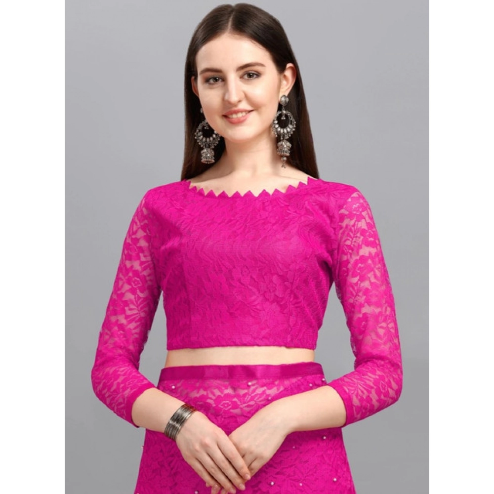 Women's Net Self Design Saree With Unstitched Blouse 5.5Mtr (Rani) - Image 3