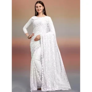 Women's Net Self Design Saree With Unstitched Blouse 5.5Mtr (White)
