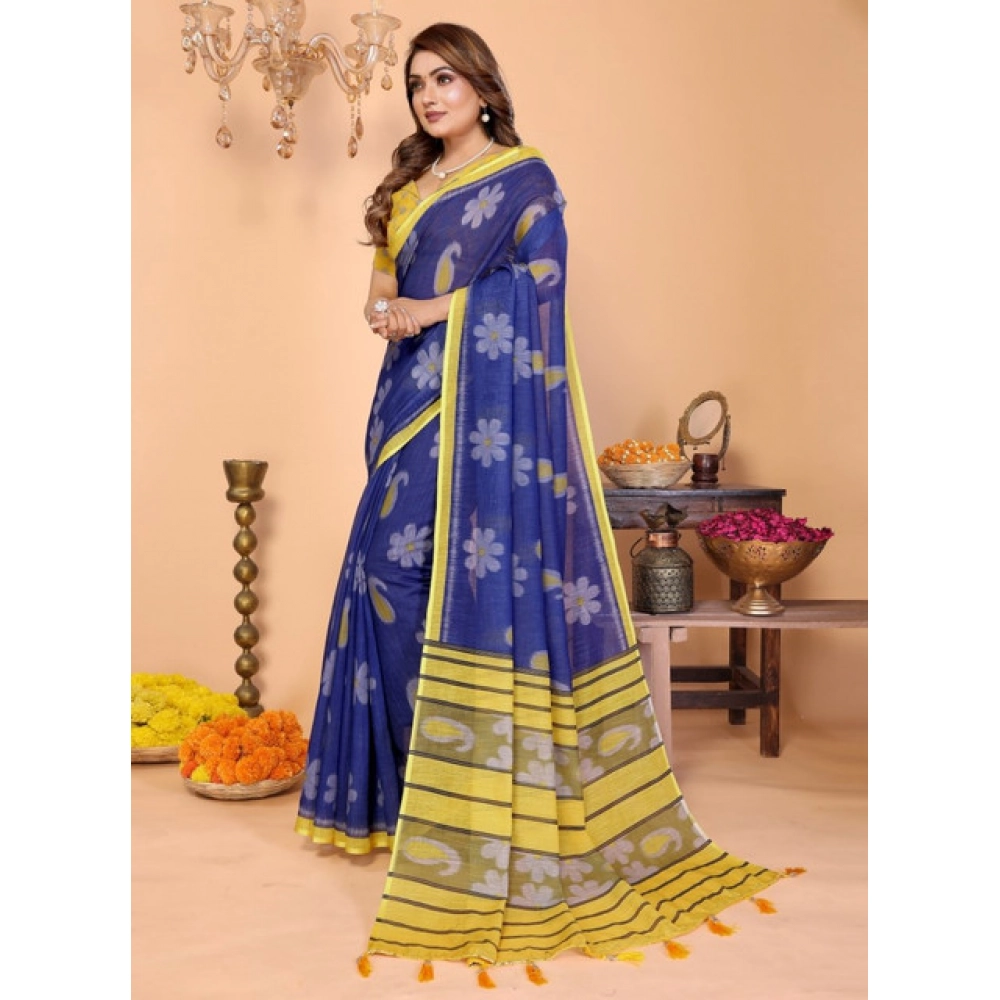 Women's Linen Cotton Printed Saree With Unstitched Blouse 5.5Mtr (Blue) - Image 3