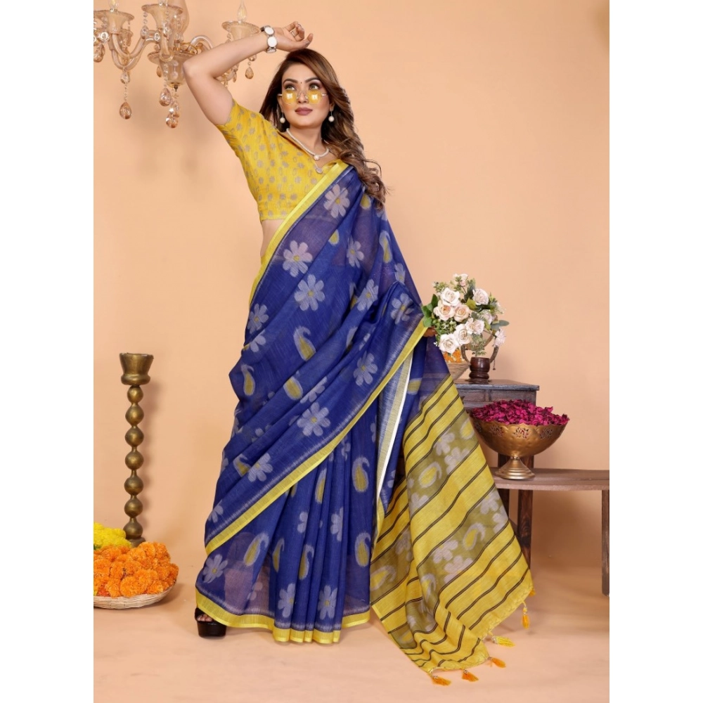 Women's Linen Cotton Printed Saree With Unstitched Blouse 5.5Mtr (Blue) - Image 5