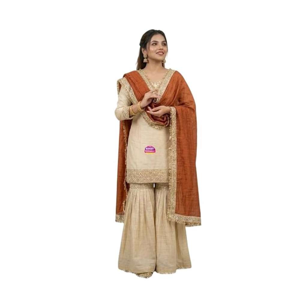 Women's Silk Embroidered 3/4th Sleeve V-Neck Kurti With Sharara Pant and Dupatta Set (Cream & Orange) - Image 2