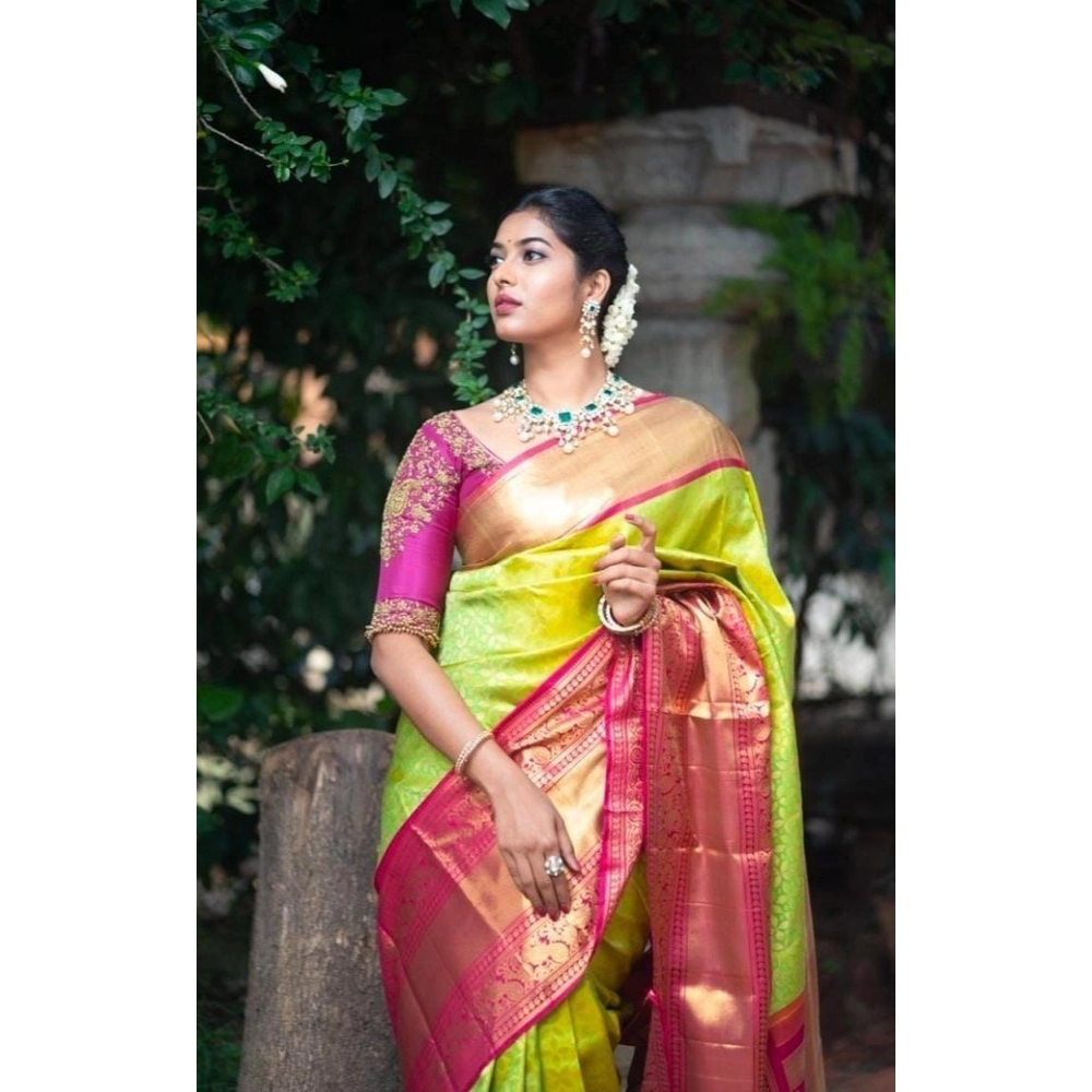 Women's Litchi silk Printed Saree With Unstitched Blouse (Green) - Image 2