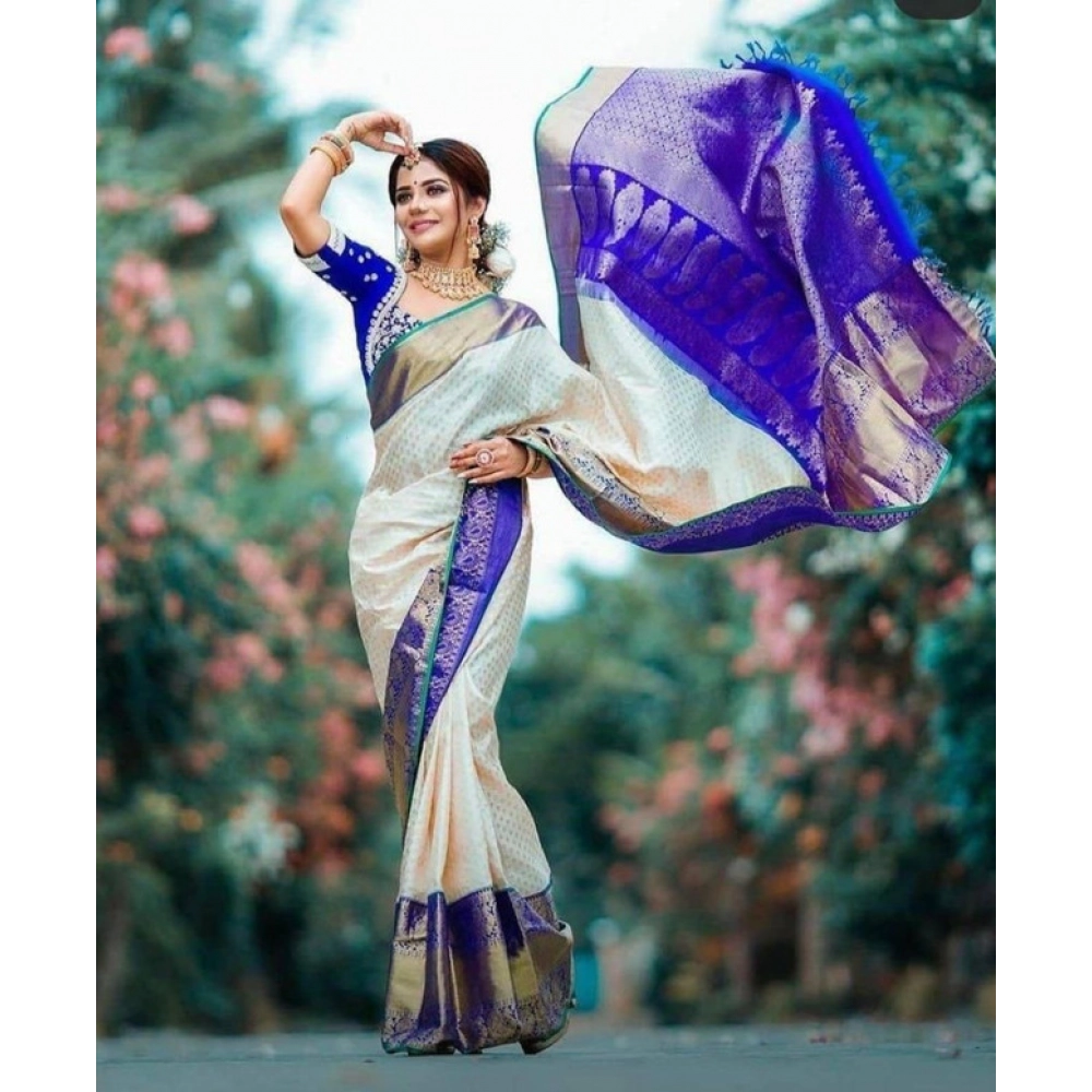 Women's Litchi silk Printed Saree With Unstitched Blouse (Off White) - Image 2