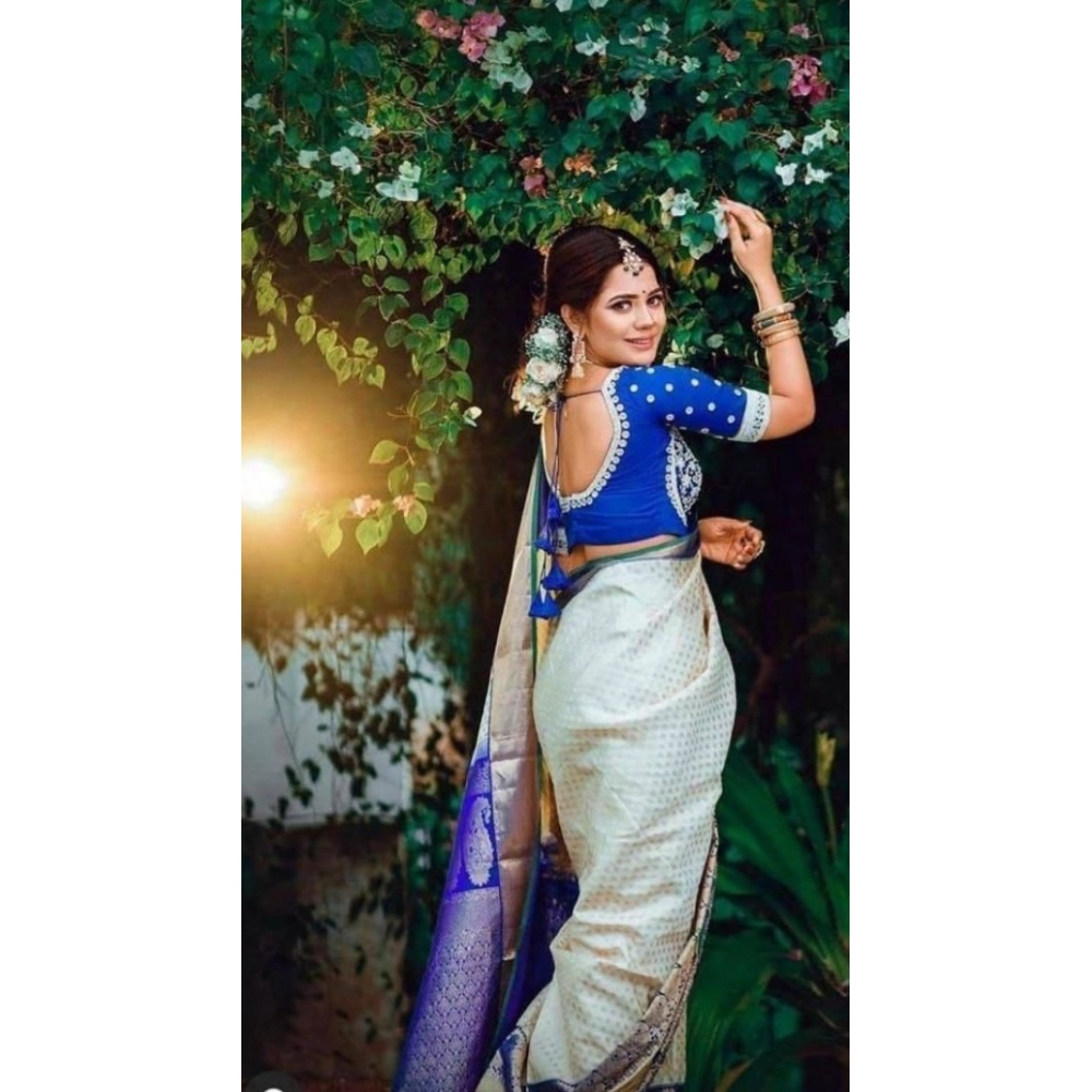 Women's Litchi silk Printed Saree With Unstitched Blouse (Off White) - Image 4