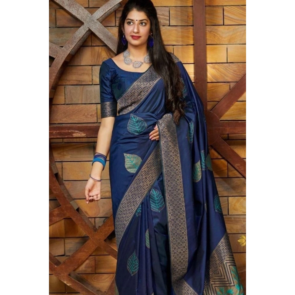 Women's Litchi silk Printed Saree With Unstitched Blouse (Blue)