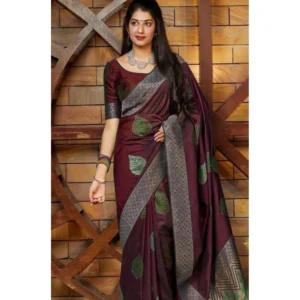 Women's Litchi silk Printed Saree With Unstitched Blouse (Maroon)