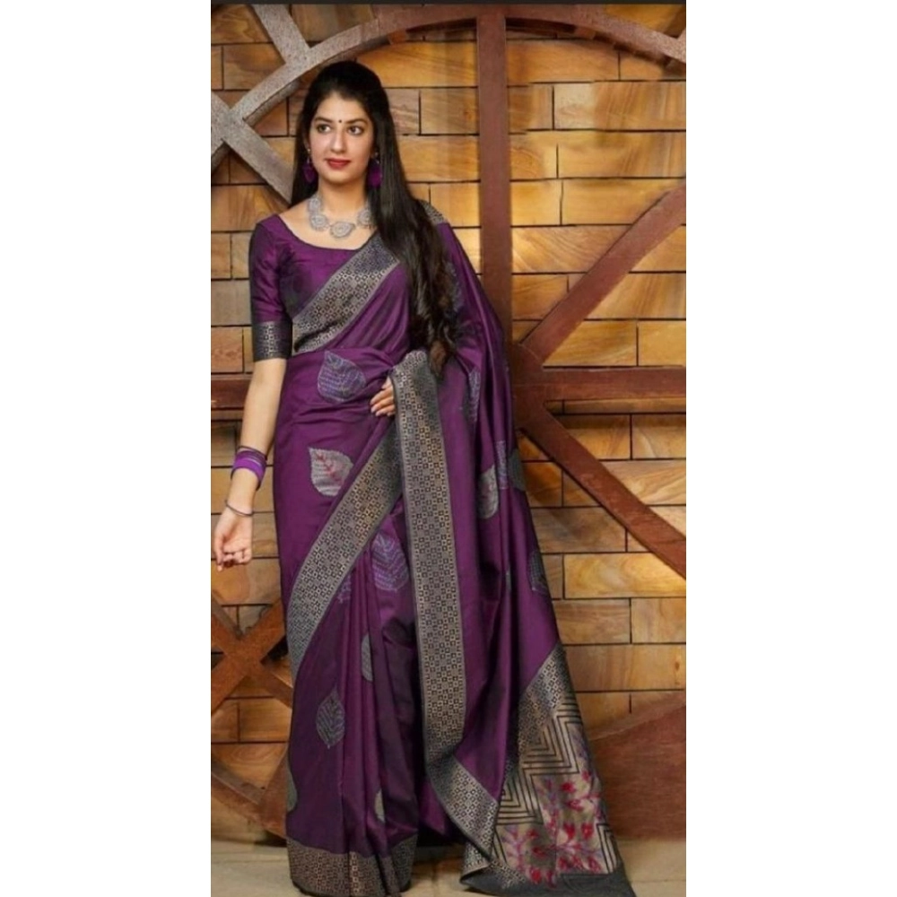 Women's Litchi silk Printed Saree With Unstitched Blouse (Purple) - Image 2