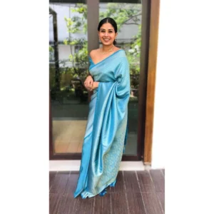 Women's Litchi silk Printed Saree With Unstitched Blouse (Sky Blue)