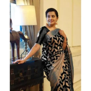 Women's Litchi silk Printed Saree With Unstitched Blouse (Black)