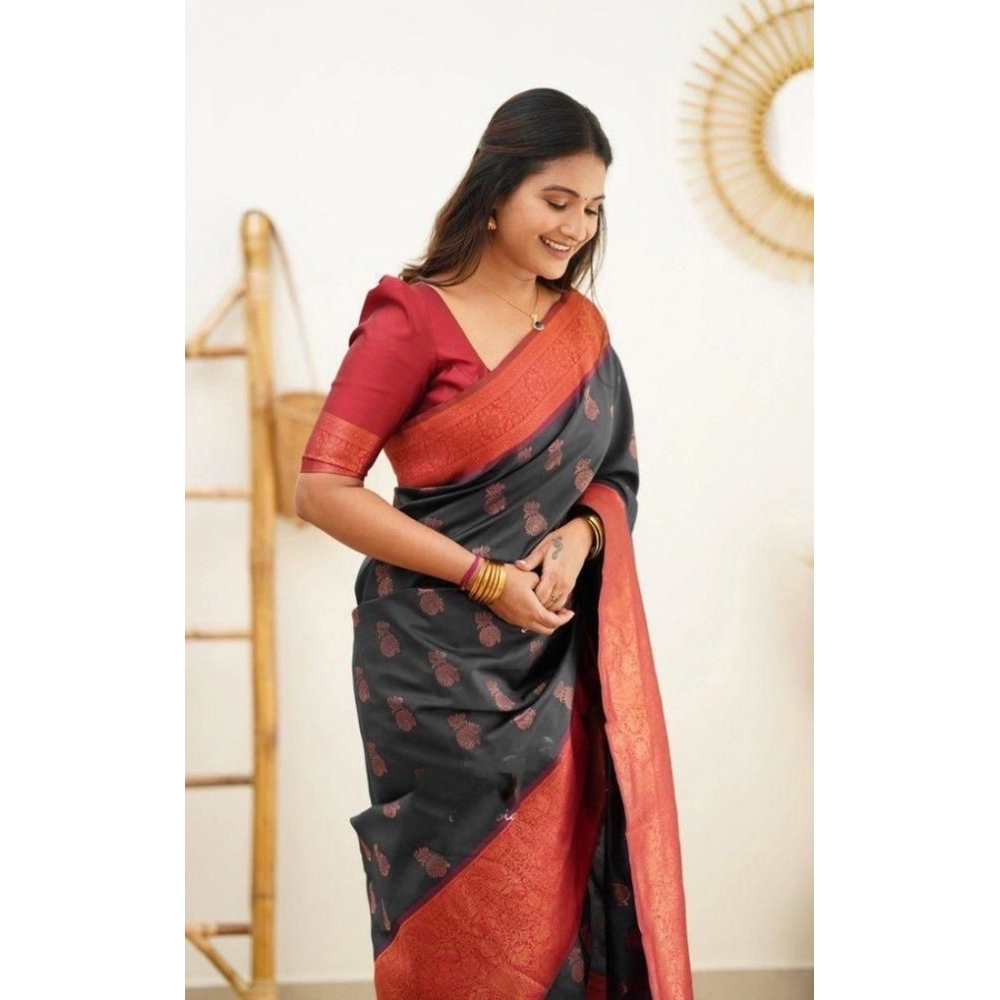 Women's Litchi silk Printed Saree With Unstitched Blouse (Grey) - Image 2