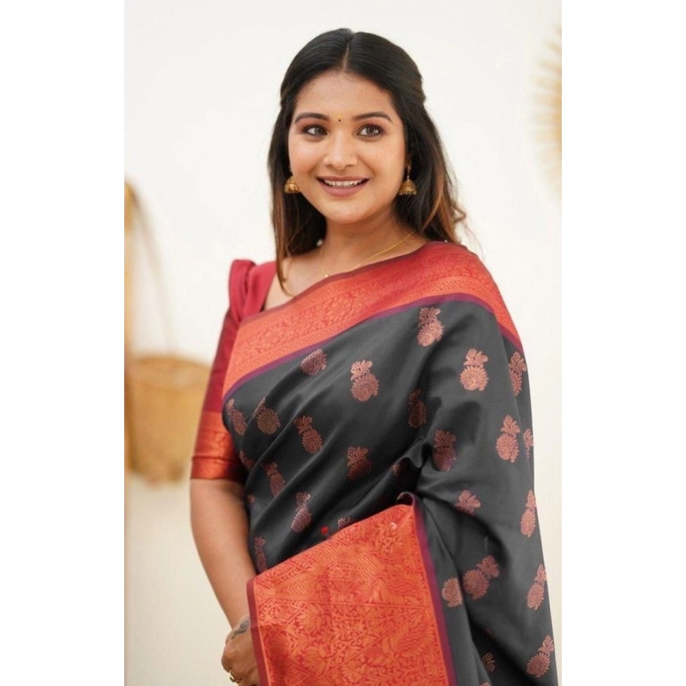 Women's Litchi silk Printed Saree With Unstitched Blouse (Grey) - Image 3
