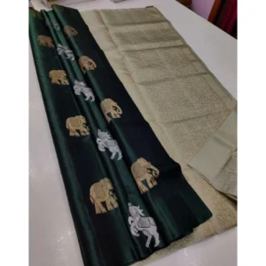 Women's Litchi silk Printed Saree With Unstitched Blouse (Green)