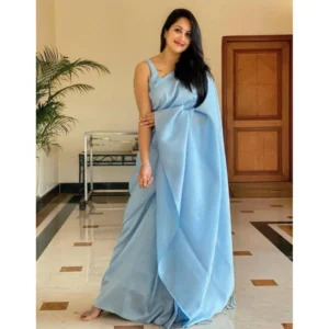 Women's Litchi silk Printed Saree With Unstitched Blouse (Light Blue)