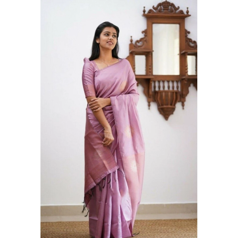 Women's Litchi silk Printed Saree With Unstitched Blouse (Light Pink) - Image 2