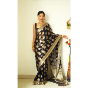 Women's Litchi silk Printed Saree With Unstitched Blouse (Black)
