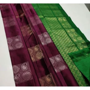Women's Litchi silk Printed Saree With Unstitched Blouse (Brown With Green)