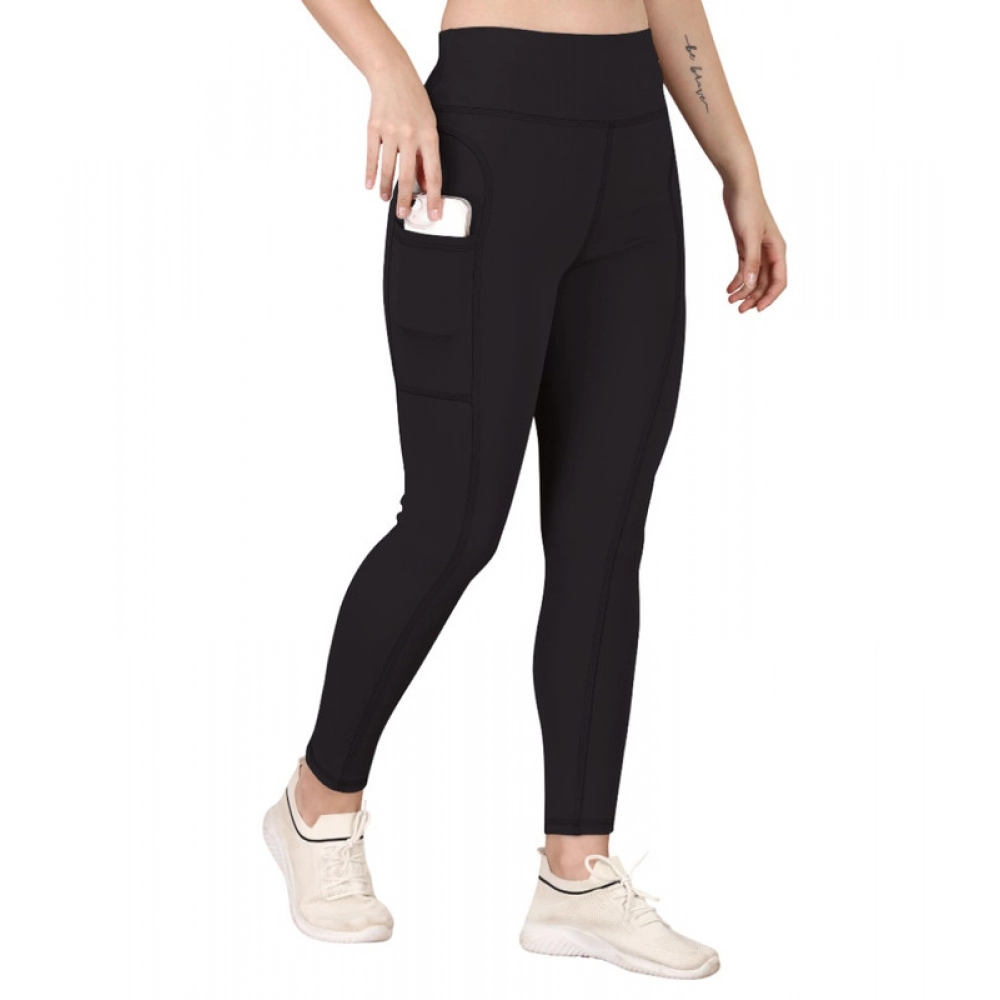 Women's Polyester Solid Ankle length High Waisted Tights (Black)