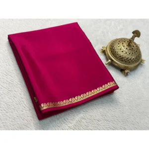Women's Crepe Chit Pallu Solid Saree With Unstitched Blouse 5.5Mtr (Pink)