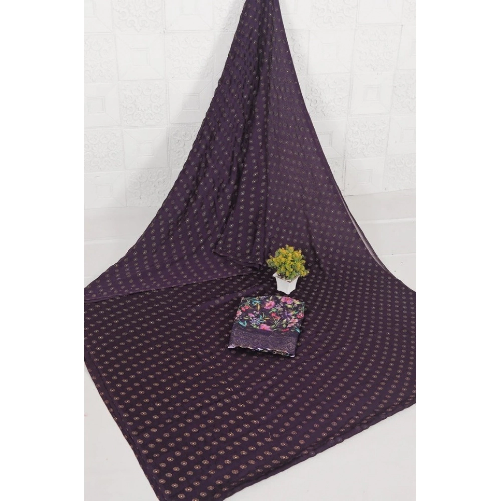 Women's Printed Brasso Saree With Unstitched Blouse (Magenta, 5-6 Mtrs) - Image 4