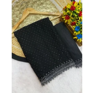 Women's Georgette Stone Work Saree With Unstitched Blouse 5.5Mtr (Black)
