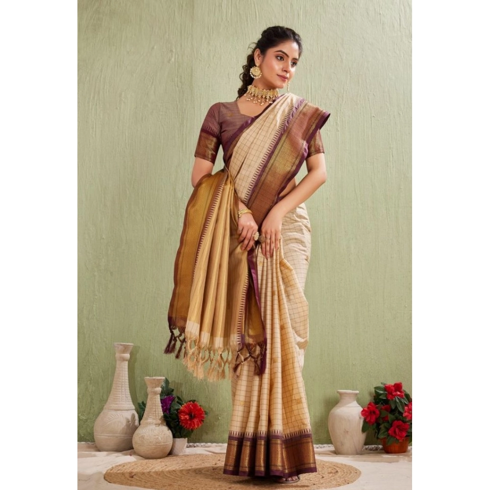 Women's Silk Blended Jaquard Woven Saree With Unstitched Blouse 5.5Mtr (Beige) - Image 4