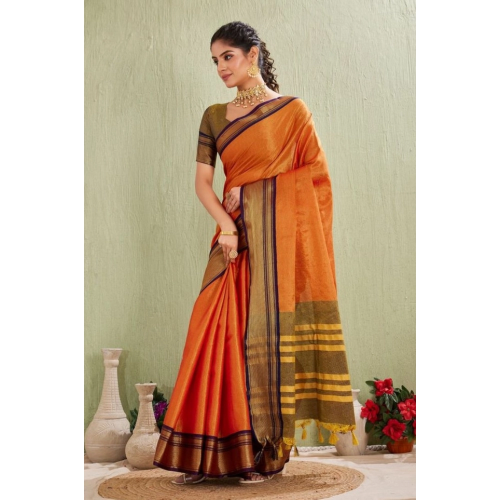 Women's Silk Blended Jaquard Woven Saree With Unstitched Blouse 5.5Mtr (Orange) - Image 3
