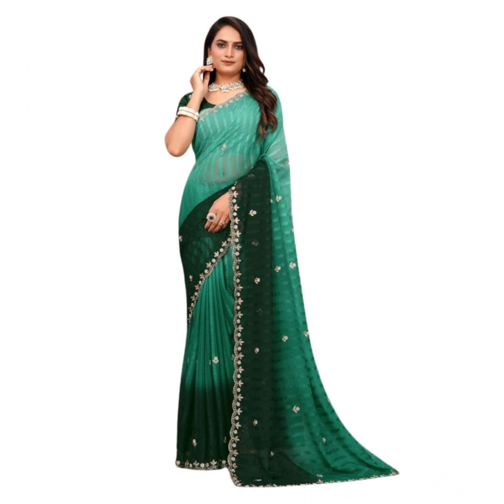 Women's Chiffon Embroidred Saree With Unstitched Blouse 5.5Mtr (Dark Green) - Image 5