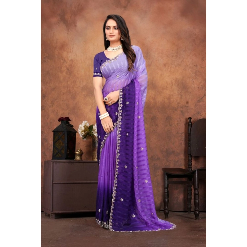 Women's Chiffon Embroidred Saree With Unstitched Blouse 5.5Mtr (Purple) - Image 2