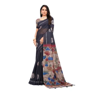 Women's Linen Printed Saree With Unstitched Blouse 5.5Mtr (Black)