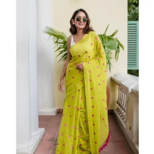 Women's Linen Printed Saree With Unstitched Blouse 5.5Mtr (Light Green)