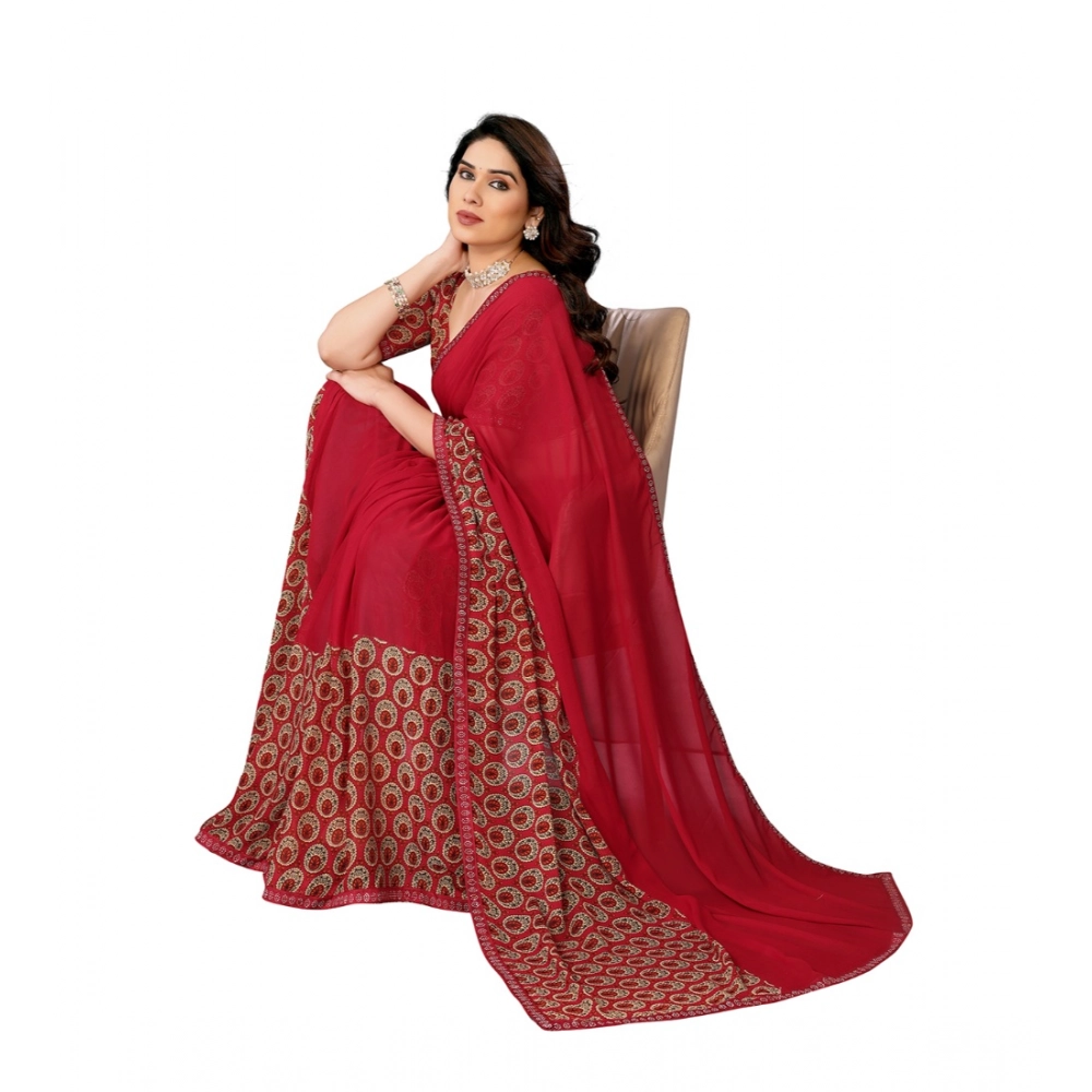 Women's Georgette Printed Saree With Unstitched Blouse 5.5Mtr (Red) - Image 4