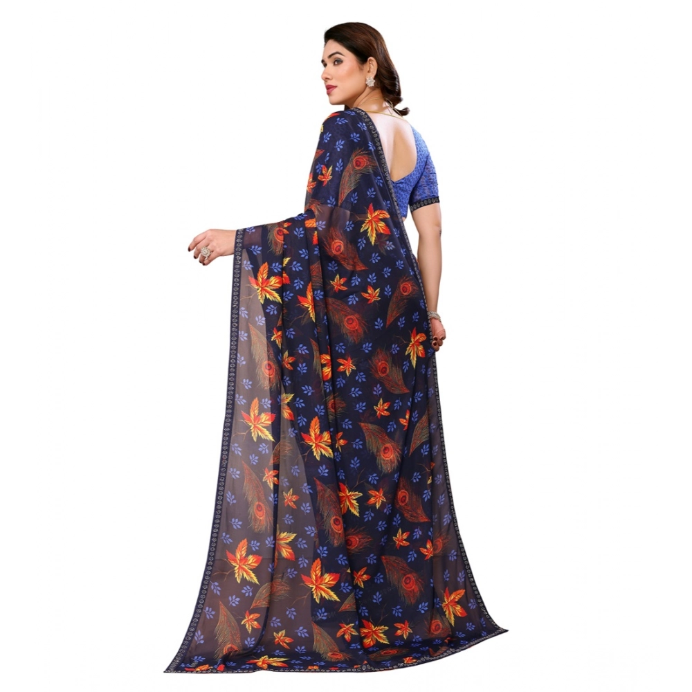Women's Georgette Printed Saree With Unstitched Blouse 5.5Mtr (Blue) - Image 3