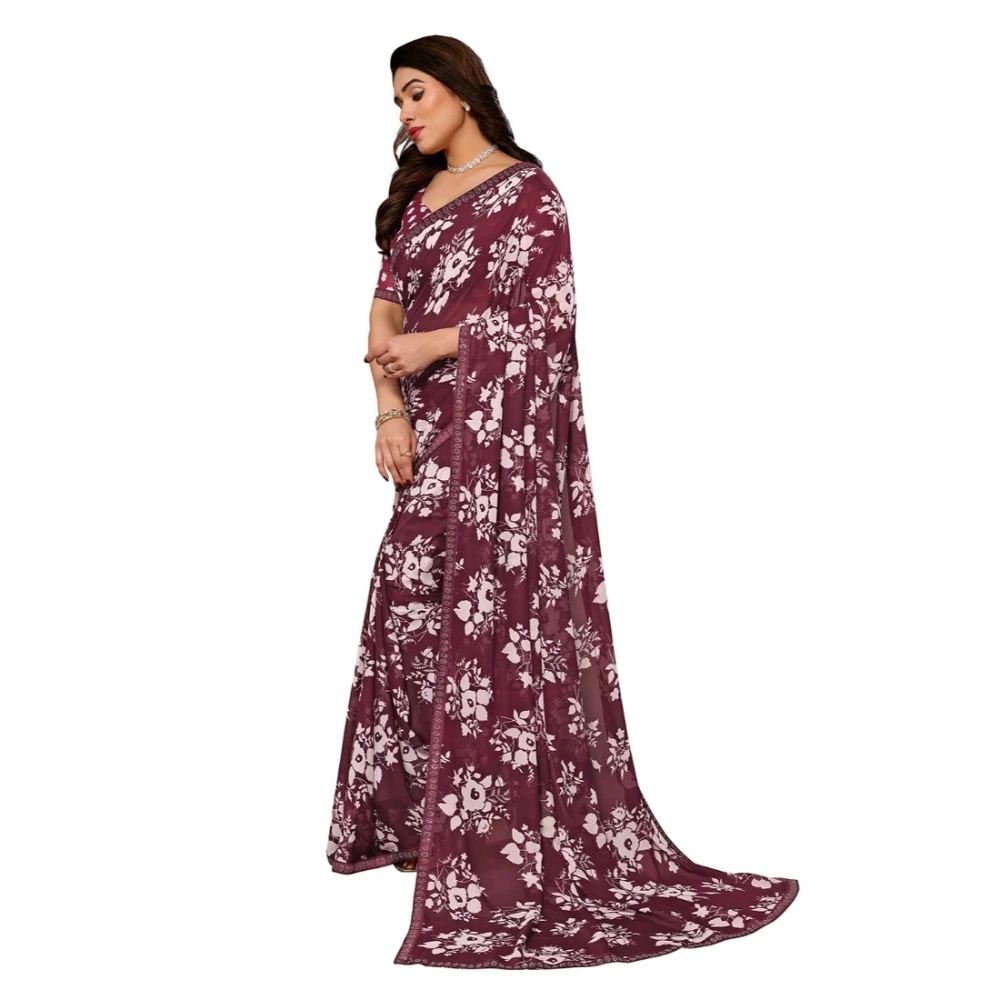 Women's Georgette Printed Saree With Unstitched Blouse 5.5Mtr (Brown) - Image 2
