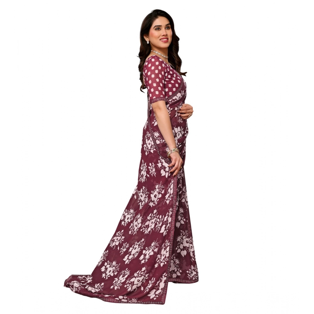 Women's Georgette Printed Saree With Unstitched Blouse 5.5Mtr (Brown) - Image 4