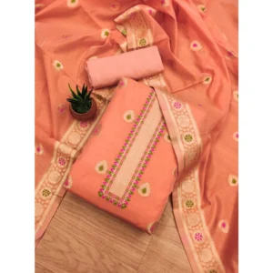 Women's Banarasi Silk Printed Unstitched Salwar Suit Material With Dupatta (Peach, 3Mtrs)