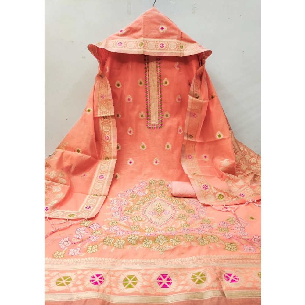 Women's Banarasi Silk Printed Unstitched Salwar Suit Material With Dupatta (Peach, 3Mtrs) - Image 2
