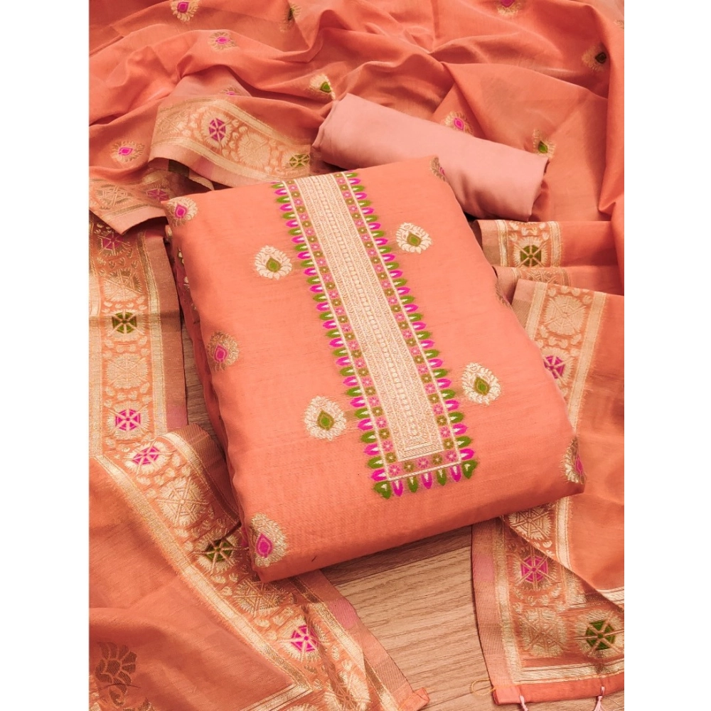Women's Banarasi Silk Printed Unstitched Salwar Suit Material With Dupatta (Peach, 3Mtrs) - Image 3