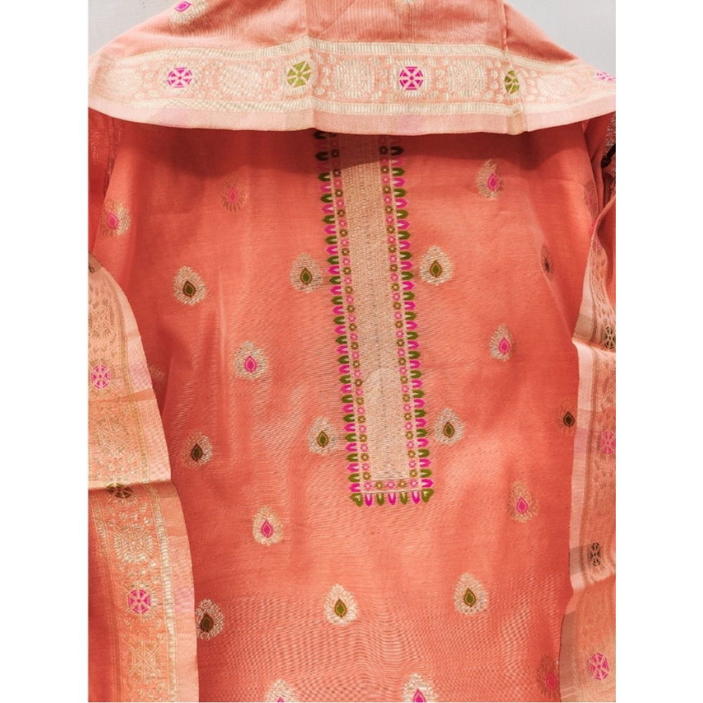 Women's Banarasi Silk Printed Unstitched Salwar Suit Material With Dupatta (Peach, 3Mtrs) - Image 4