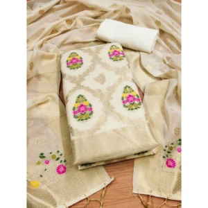 Women's Banarasi Silk Printed Unstitched Salwar Suit Material With Dupatta (White, 3Mtrs)