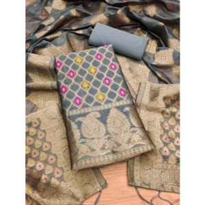 Women's Banarasi Silk Printed Unstitched Salwar Suit Material With Dupatta (Grey, 3Mtrs)