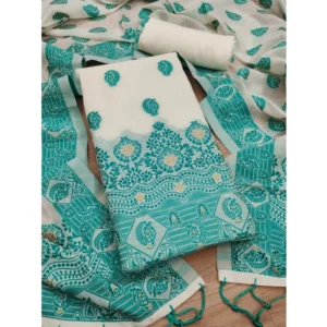 Women's Banarasi Silk Printed Unstitched Salwar Suit Material With Dupatta (Teal, 3Mtrs)